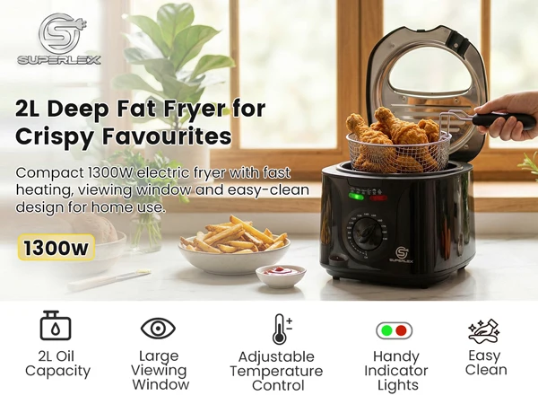 SUPERLEX 2L Electric Deep Fat Fryer 1300W Compact Deep Fryer with Viewing Window, Adjustable Temperature Control, Removable Fry Basket, Easy Clean Mini Fryer for Home Cooking Chips, Fried Snacks