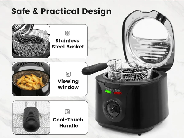SUPERLEX 2L Electric Deep Fat Fryer 1300W Compact Deep Fryer with Viewing Window, Adjustable Temperature Control, Removable Fry Basket, Easy Clean Mini Fryer for Home Cooking Chips, Fried Snacks