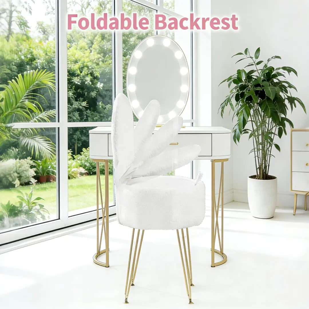 Plush Flannel Vanity Stool with Bowknot Backrest & Storage, Foldable Back Makeup Chair with Cushioned Seat & Metal Legs