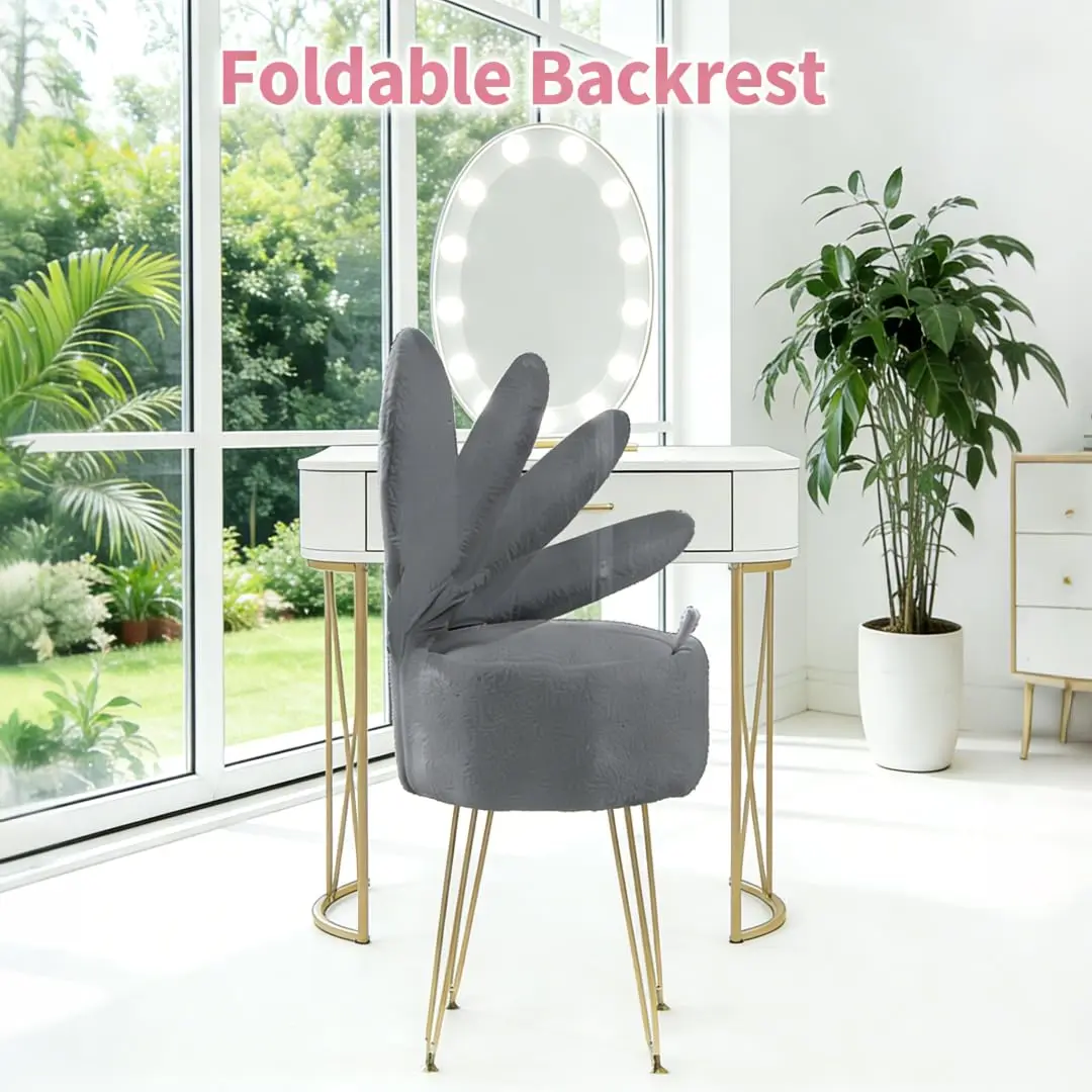 Plush Flannel Vanity Stool with Bowknot Backrest & Storage, Foldable Back Makeup Chair with Cushioned Seat & Metal Legs