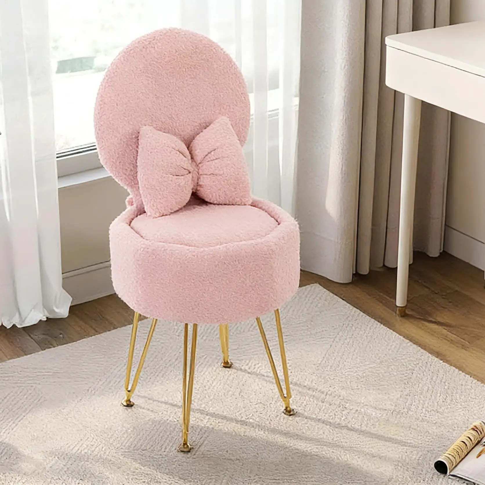 Plush Flannel Vanity Stool with Bowknot Backrest & Storage, Foldable Back Makeup Chair with Cushioned Seat & Metal Legs