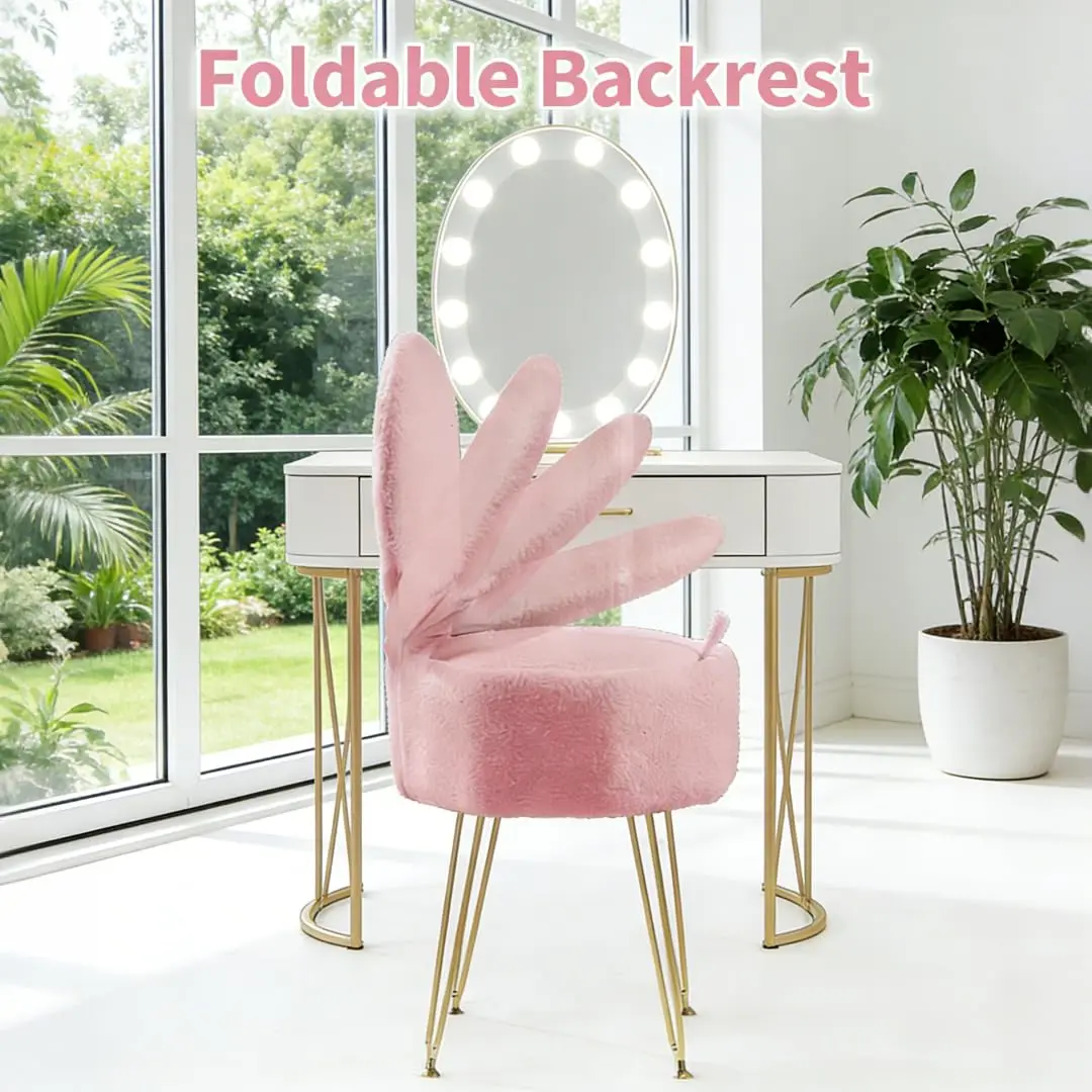 Plush Flannel Vanity Stool with Bowknot Backrest & Storage, Foldable Back Makeup Chair with Cushioned Seat & Metal Legs