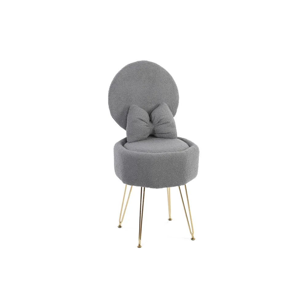 Plush Flannel Vanity Stool with Bowknot Backrest & Storage, Foldable Back Makeup Chair with Cushioned Seat & Metal Legs