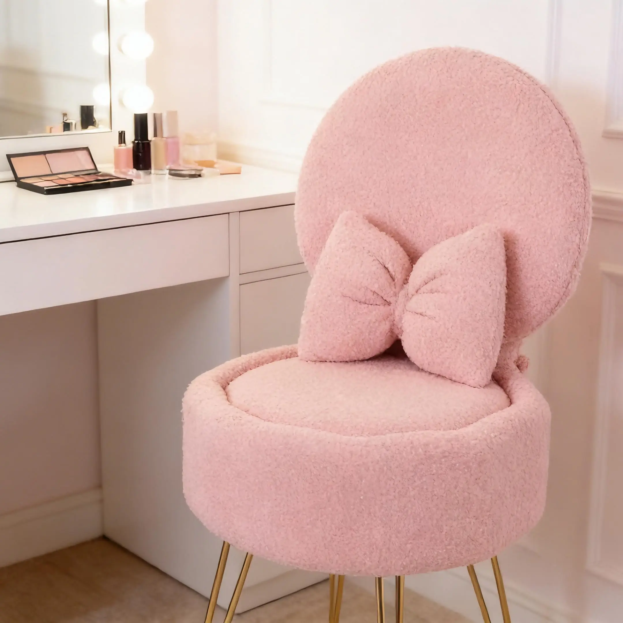 Plush Flannel Vanity Stool with Bowknot Backrest & Storage, Foldable Back Makeup Chair with Cushioned Seat & Metal Legs
