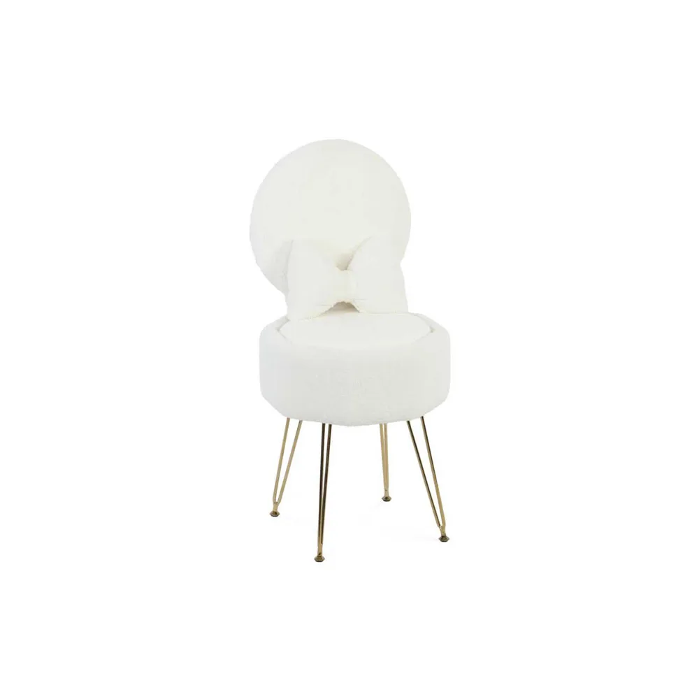 Plush Flannel Vanity Stool with Bowknot Backrest & Storage, Foldable Back Makeup Chair with Cushioned Seat & Metal Legs