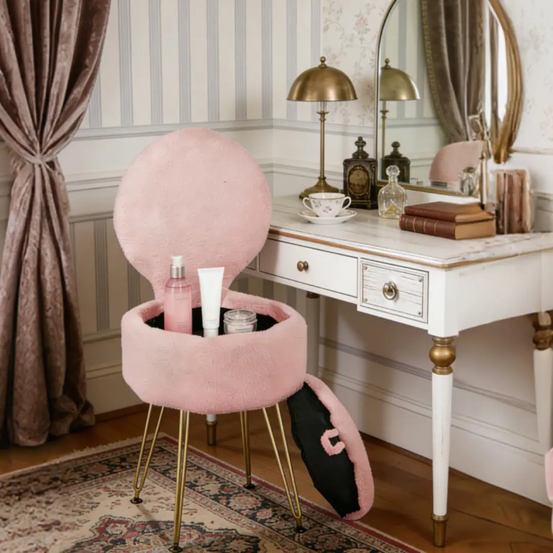 Plush Flannel Vanity Stool with Bowknot Backrest & Storage, Foldable Back Makeup Chair with Cushioned Seat & Metal Legs