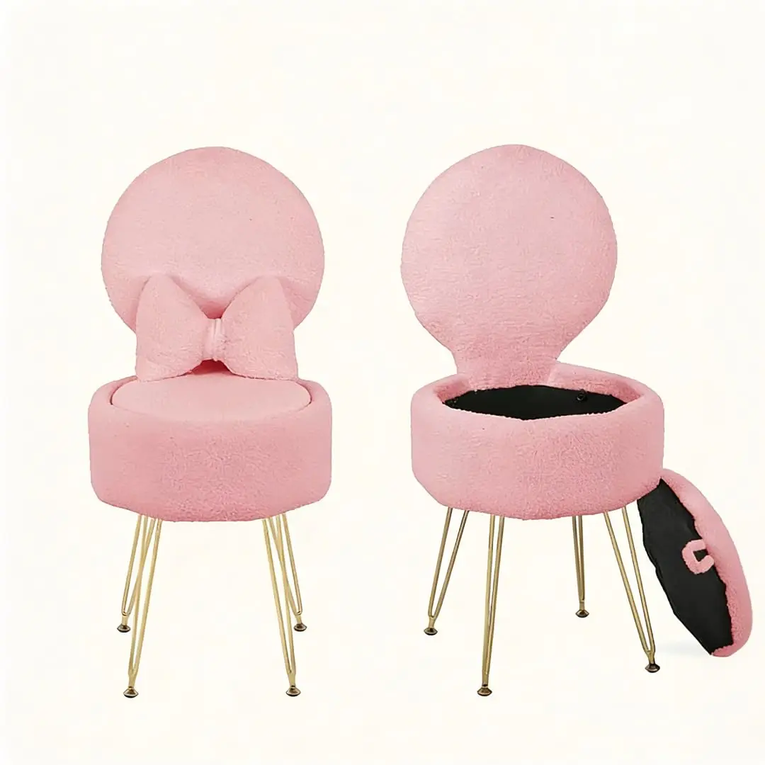 Plush Flannel Vanity Stool with Bowknot Backrest & Storage, Foldable Back Makeup Chair with Cushioned Seat & Metal Legs