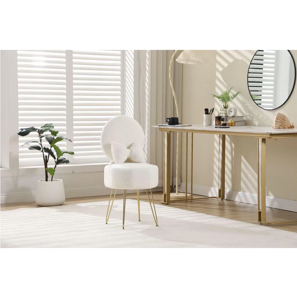 Plush Flannel Vanity Stool with Bowknot Backrest & Storage, Foldable Back Makeup Chair with Cushioned Seat & Metal Legs