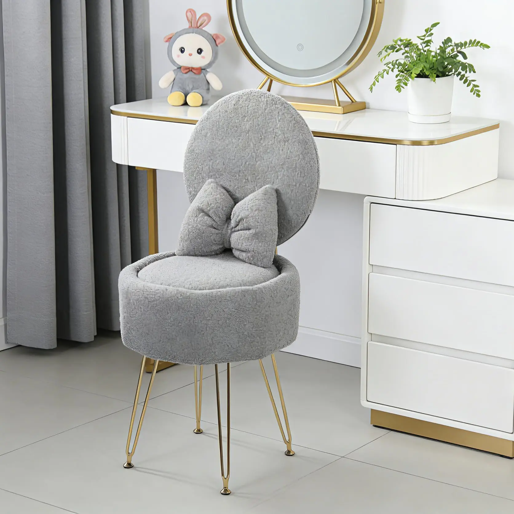 Plush Flannel Vanity Stool with Bowknot Backrest & Storage, Foldable Back Makeup Chair with Cushioned Seat & Metal Legs