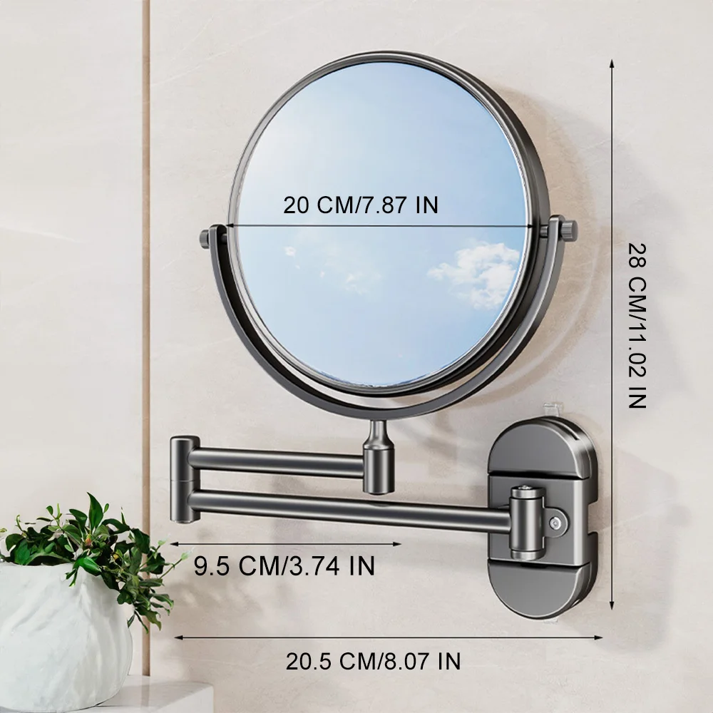 8 inch Wall Folding Mounted Makeup Mirror Double Side 3X No Drilling Adjustable Vanity Mirror for Bathroom & Bedroom