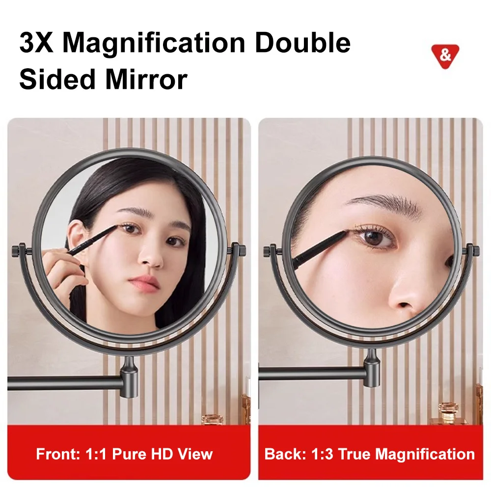 8 inch Wall Folding Mounted Makeup Mirror Double Side 3X No Drilling Adjustable Vanity Mirror for Bathroom & Bedroom