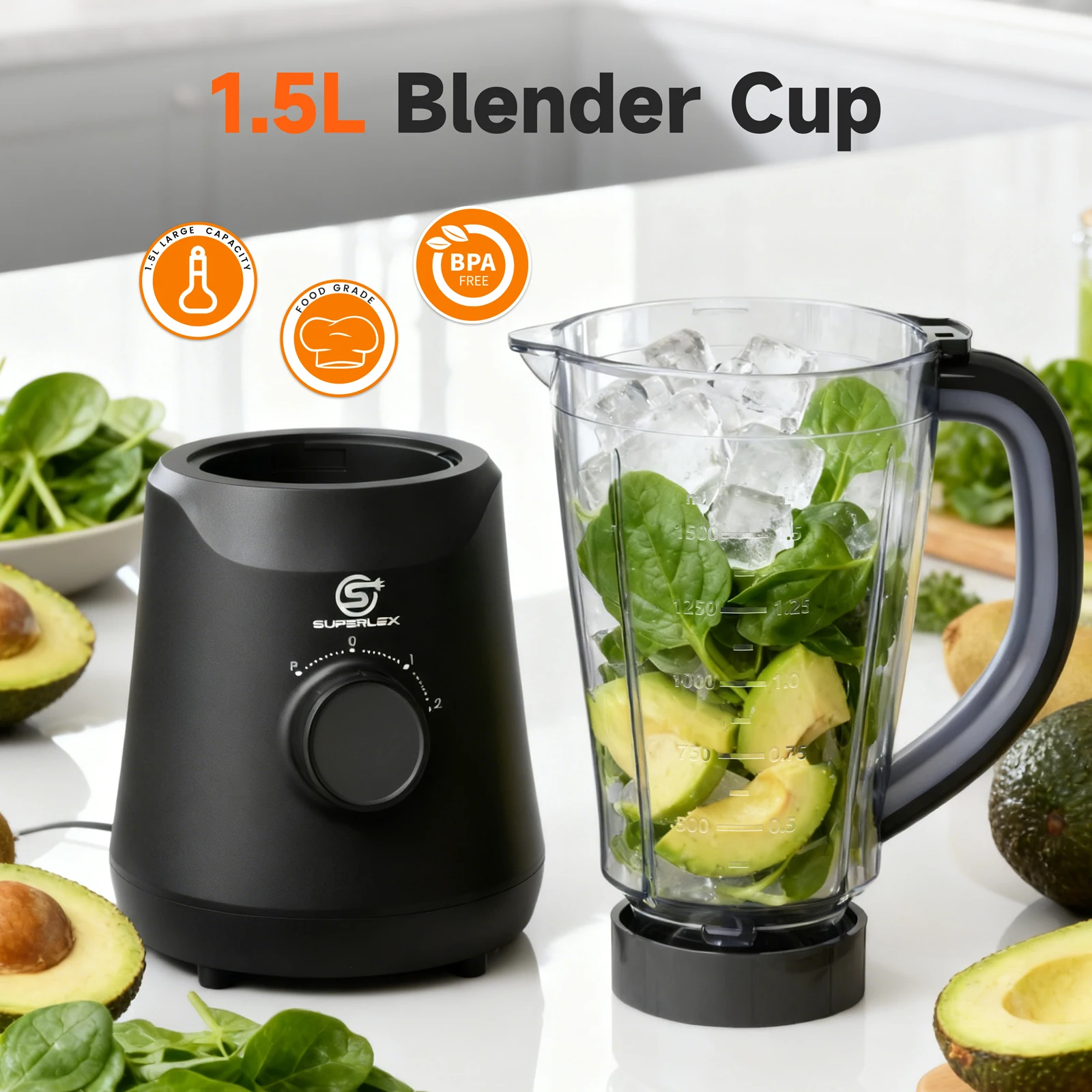 SUPERLEX 500W 2 in 1 Blender With 1.5L Glass Jar Powerful Performance 2 Speeds With Chopping Kneading Grinding Blender Fruit Mix