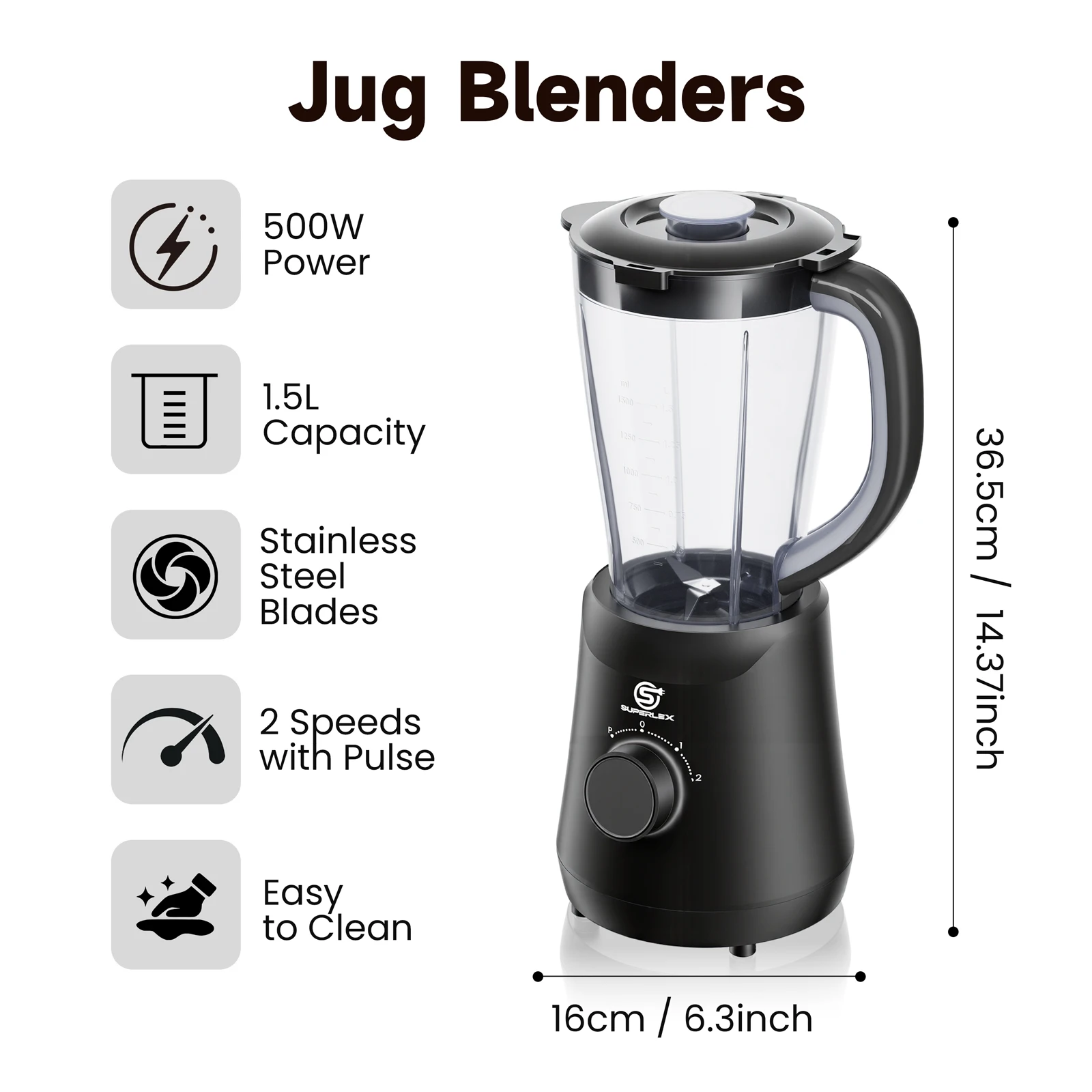 SUPERLEX 500W 2 in 1 Blender With 1.5L Glass Jar Powerful Performance 2 Speeds With Chopping Kneading Grinding Blender Fruit Mix