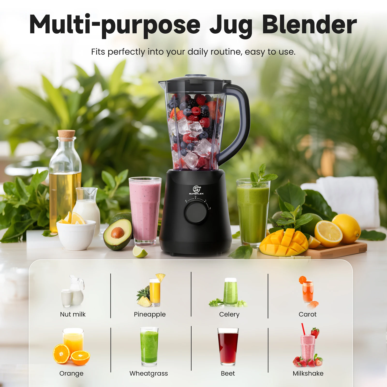 SUPERLEX 500W 2 in 1 Blender With 1.5L Glass Jar Powerful Performance 2 Speeds With Chopping Kneading Grinding Blender Fruit Mix