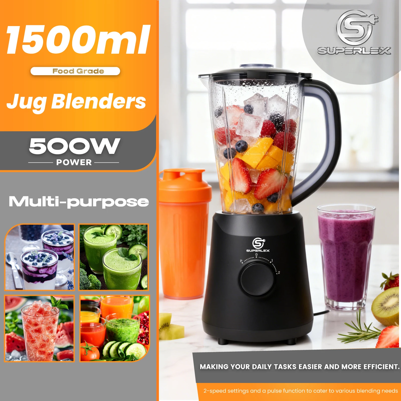 SUPERLEX 500W 2 in 1 Blender With 1.5L Glass Jar Powerful Performance 2 Speeds With Chopping Kneading Grinding Blender Fruit Mix