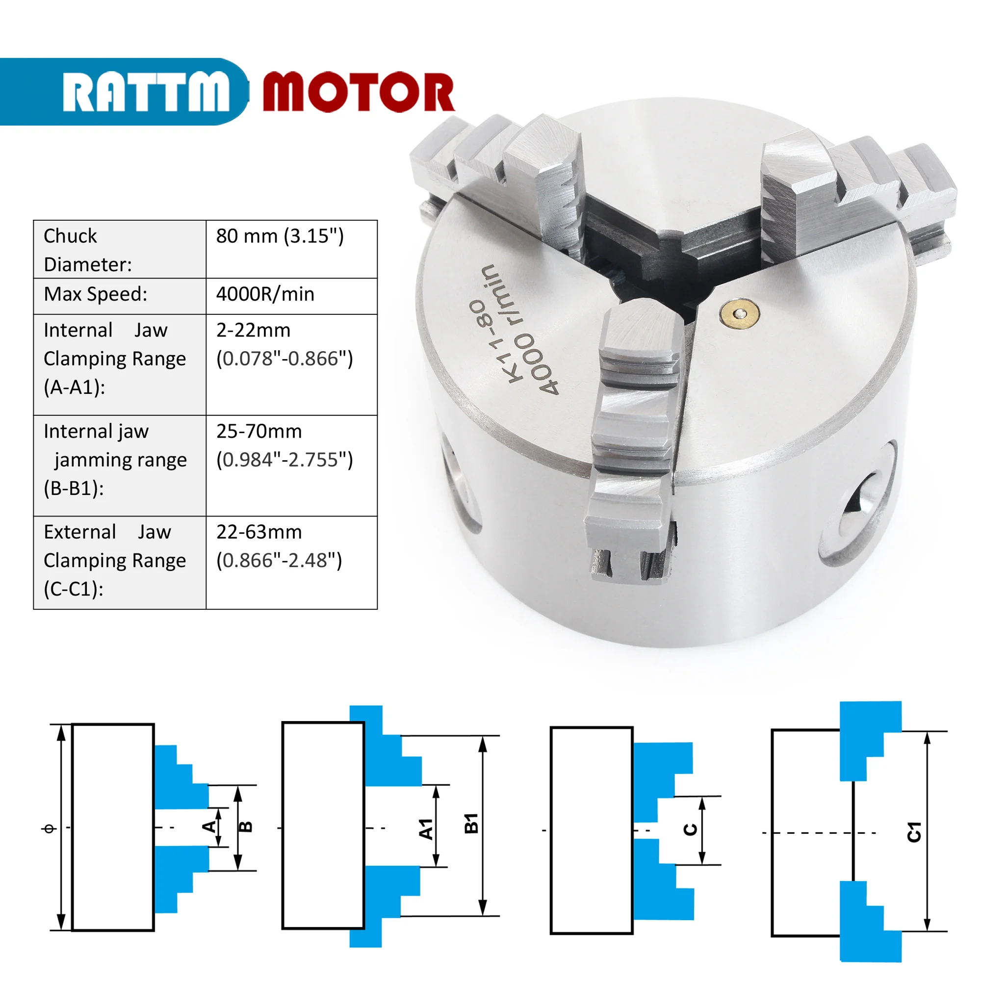 3 Jaw 4 Jaws CNC Lathe Chuck Self-Centering K11 80mm 100mm K12-100mm Manual Chuck Tool