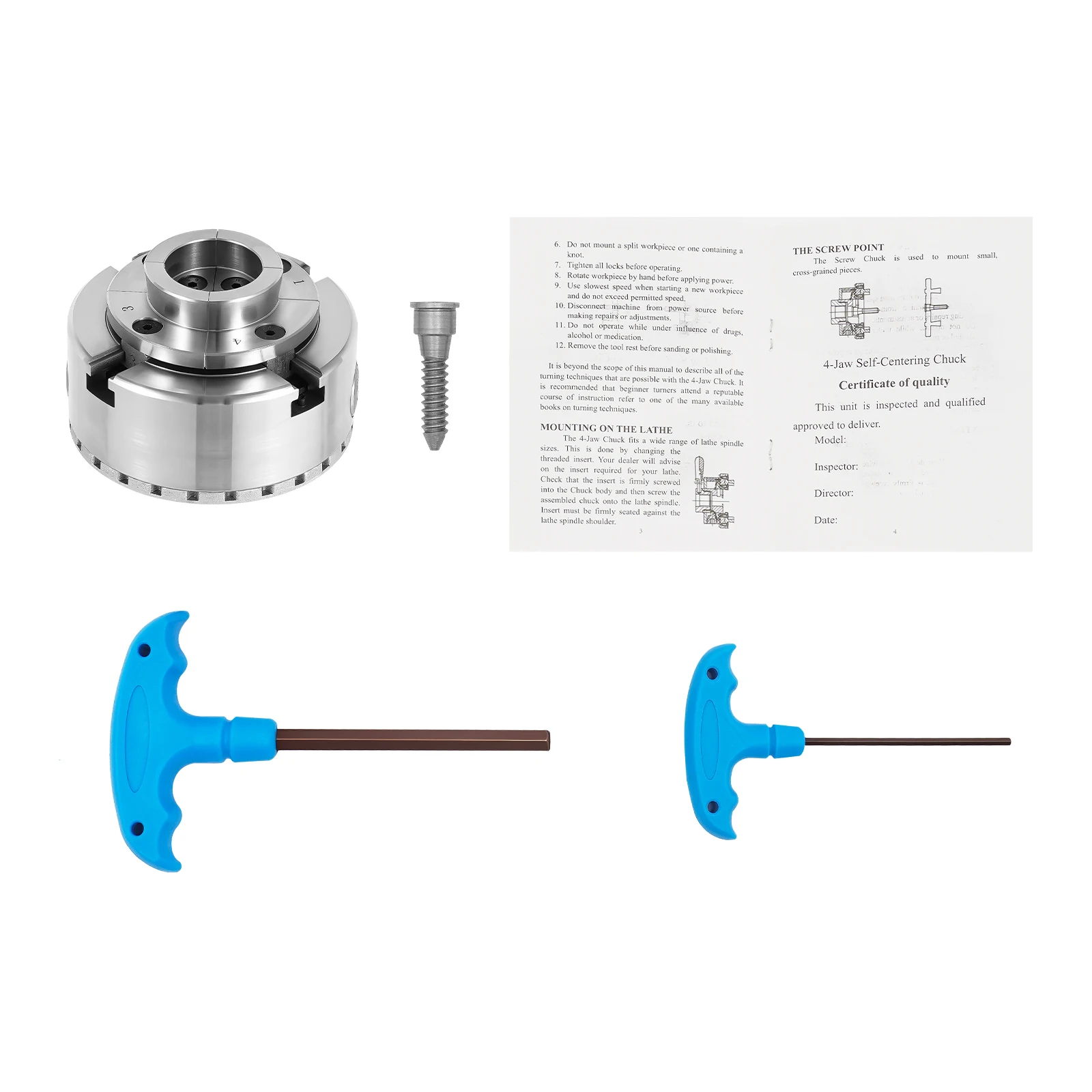 Wood Lathe Chuck 4-Jaw 3.78" Diameter Turning Machine Accessories Self-Centering Tool with Wrenches Screw for Woodworking