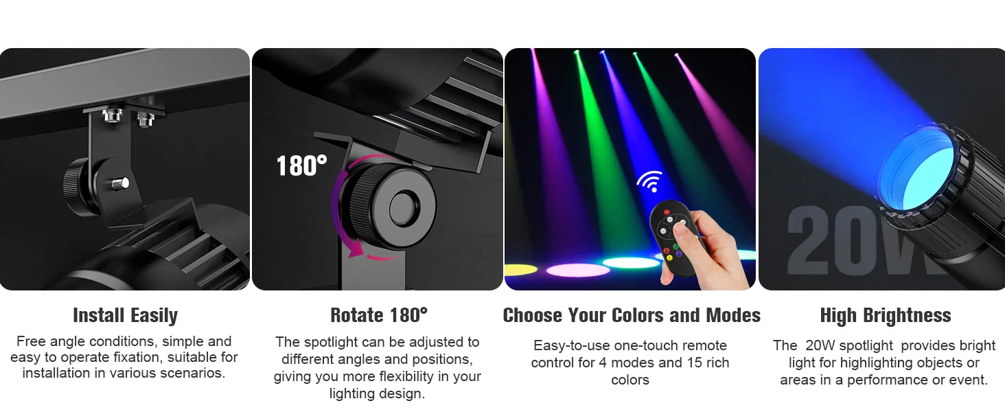 Leleght 4Pcs 20W Pinspot Lights With Remote Control RGBW LED Beam Spotlight Dimmable Disco Stage Lights For Wedding Party Club
