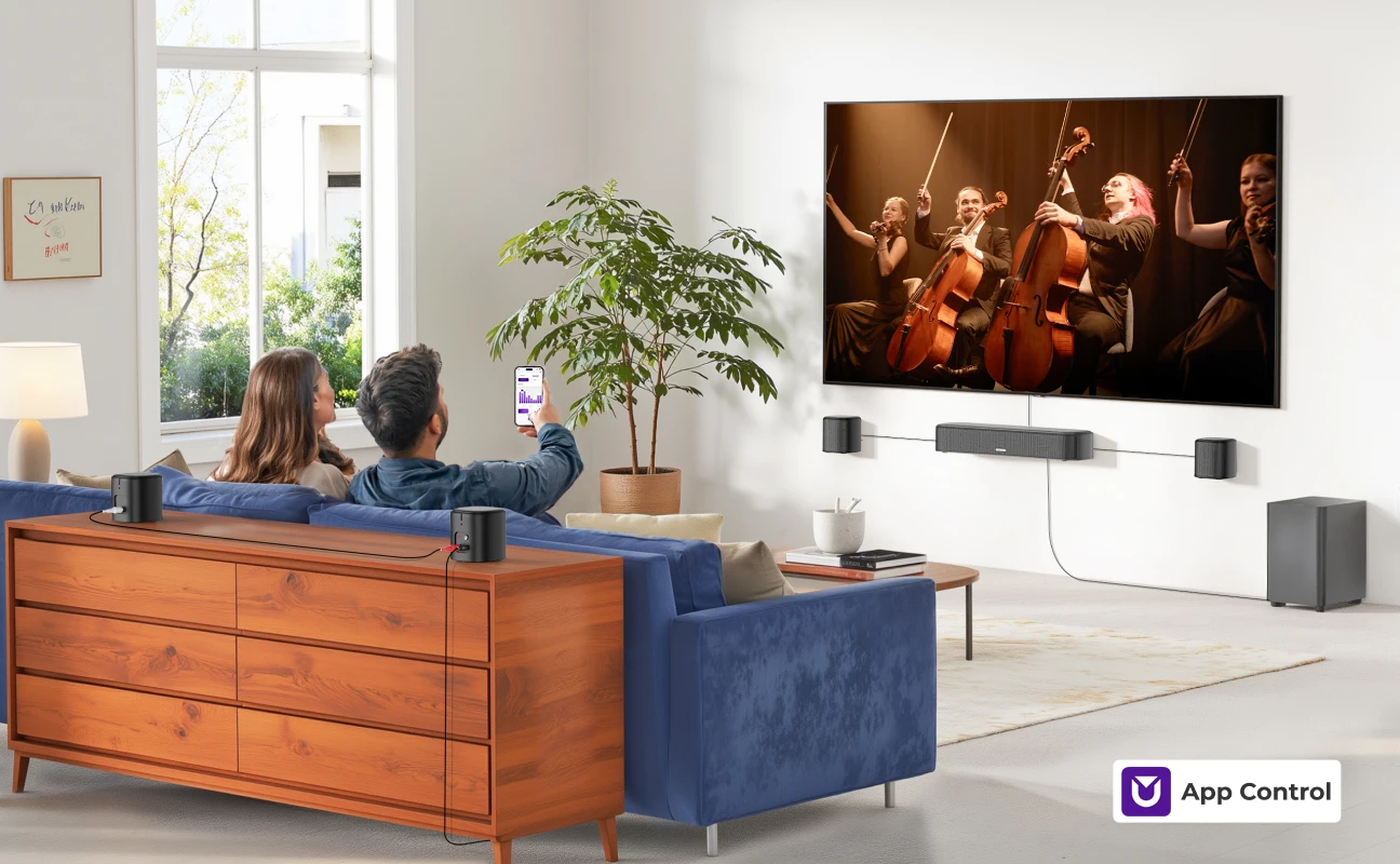 ULTIMEA Aura A60 7.1ch Sound Bar with Dolby Atmos Surround Sound System for TV with 4 Black Surround Speakers for Home Theater