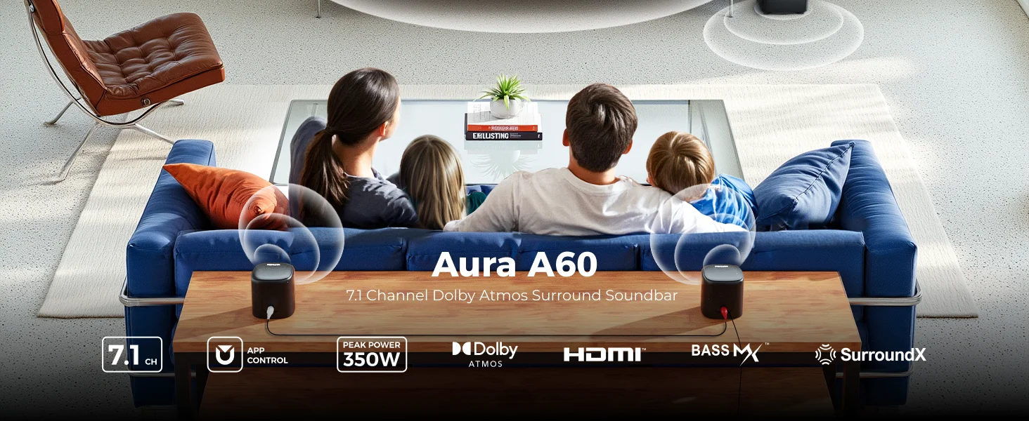 ULTIMEA Aura A60 7.1ch Sound Bar with Dolby Atmos Surround Sound System for TV with 4 Black Surround Speakers for Home Theater
