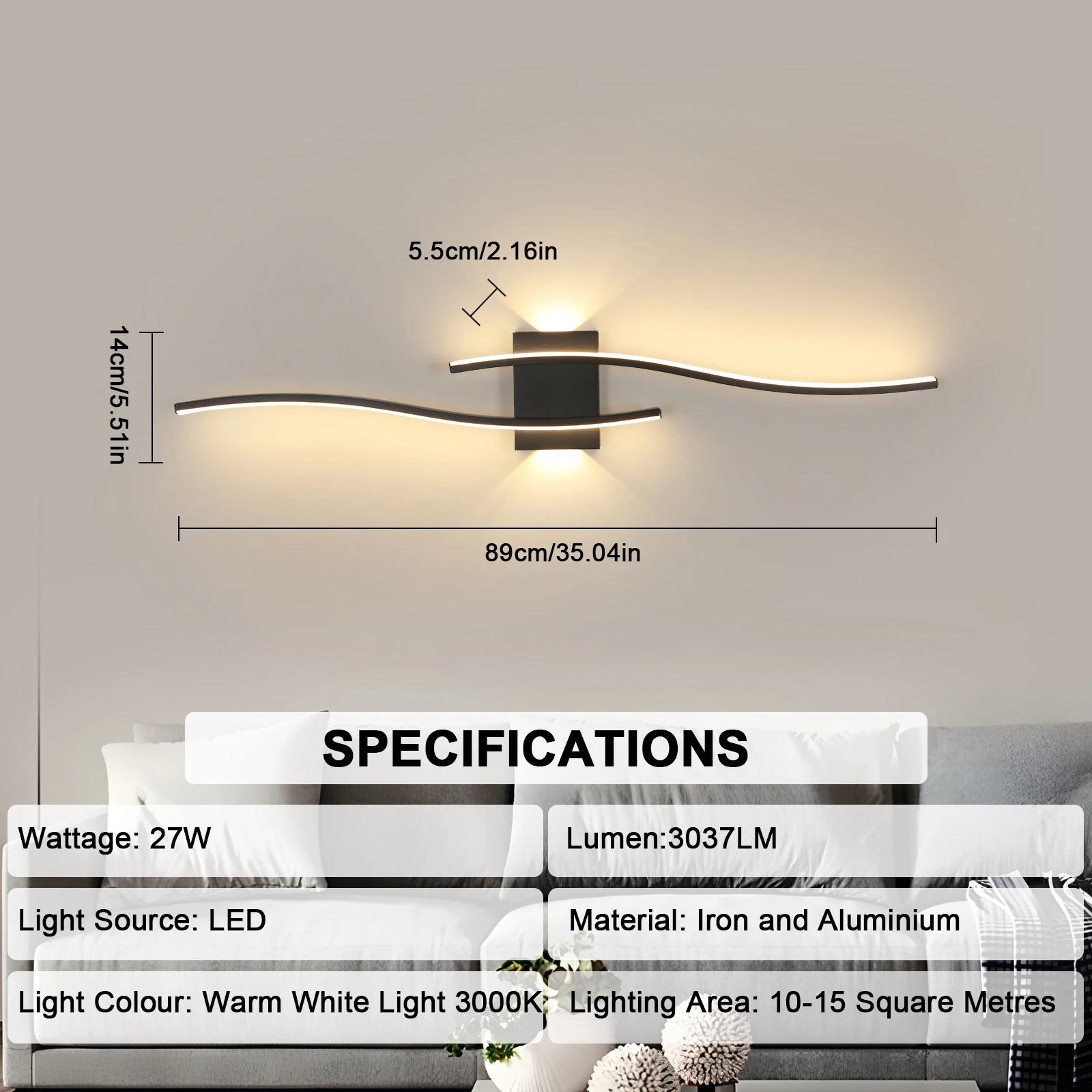 Indoor Wall Light,Creatively Modern LED Wall Lamp 27W 3000LM,Warm White 3000K,Acrylic LED Wall Lights for Bedroom