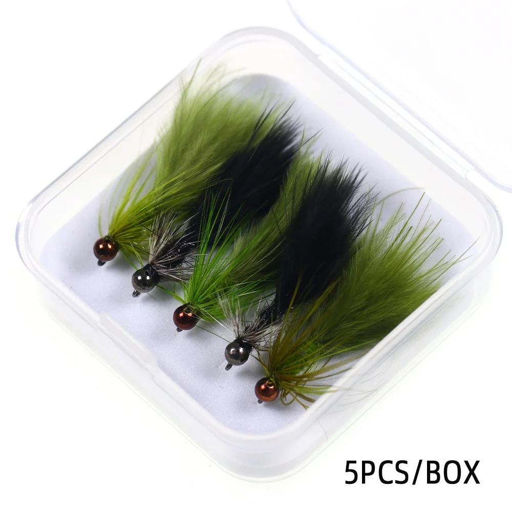 5pcs #12 Tungsten Bead Head Woolly Bugger Barbless Jig Nymph Streamers Fly for Trout Salmon Pike Bass Fishing Lure Baits