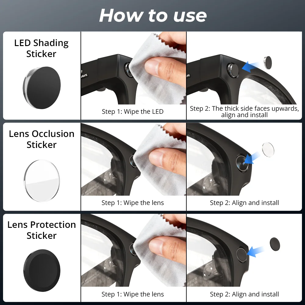 HIBloks LED Anti Glare Stickers Set For Ray-Ban Meta Gen 2 Wayfarer/Skyler/Headliner/Oakley Meta HSTN Smart Glasses Accessories