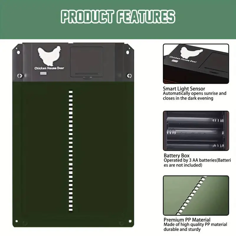 Automatic Chicken Coop Door Chicken House Door Light Sensor Farm Chicken Opener Pets Duck Cage Door Supplies Battery Powered