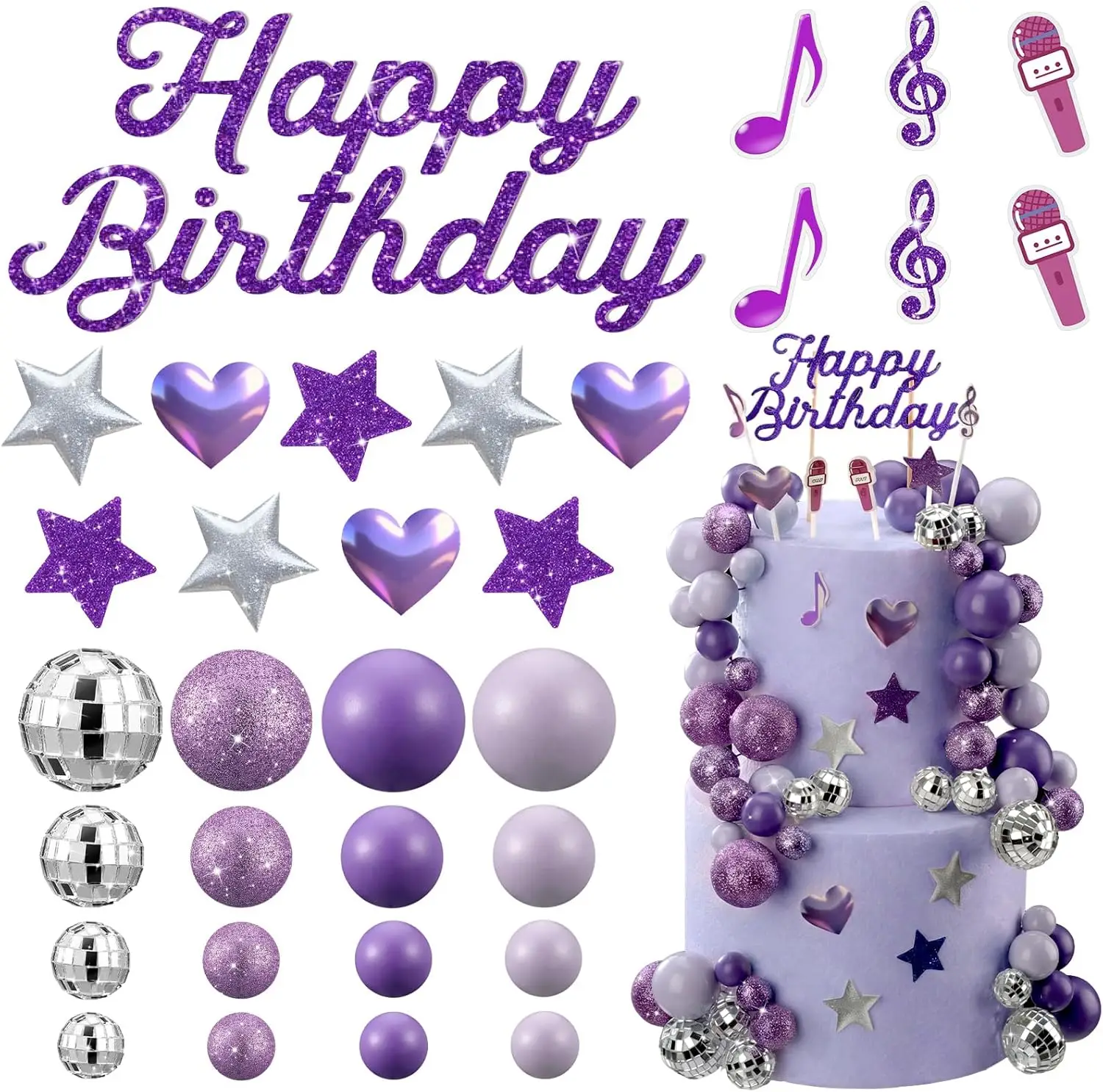 K-Pop Birthday Cake Topper Set: Purple Disco Balls, Glitter Stars & Notes – Perfect for Fan Parties