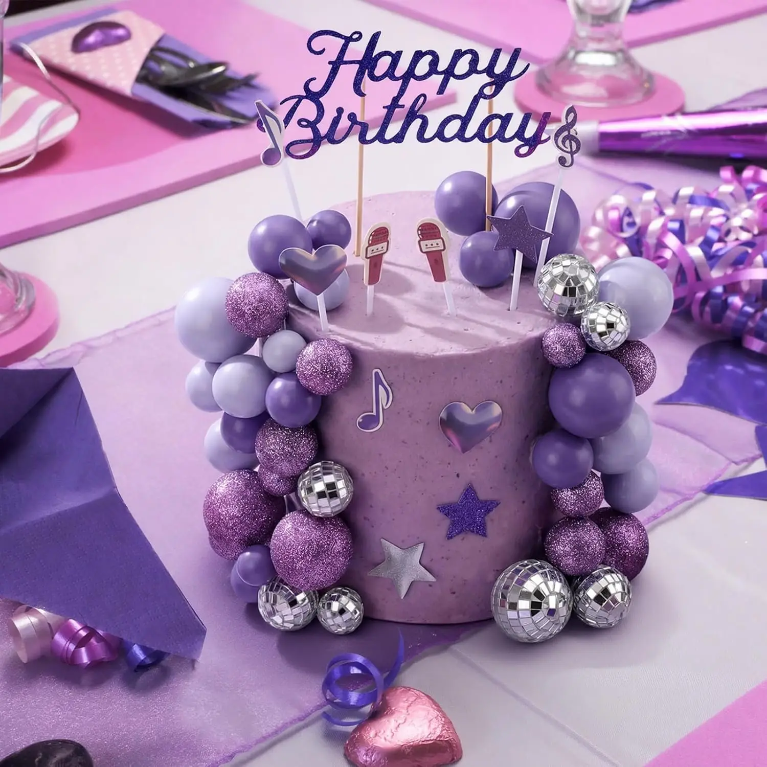 K-Pop Birthday Cake Topper Set: Purple Disco Balls, Glitter Stars & Notes – Perfect for Fan Parties