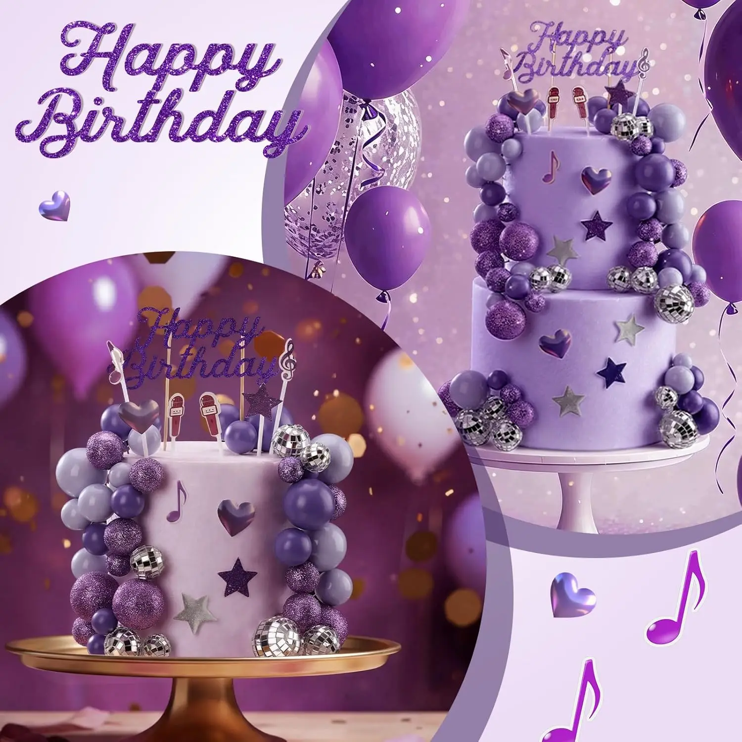 K-Pop Birthday Cake Topper Set: Purple Disco Balls, Glitter Stars & Notes – Perfect for Fan Parties