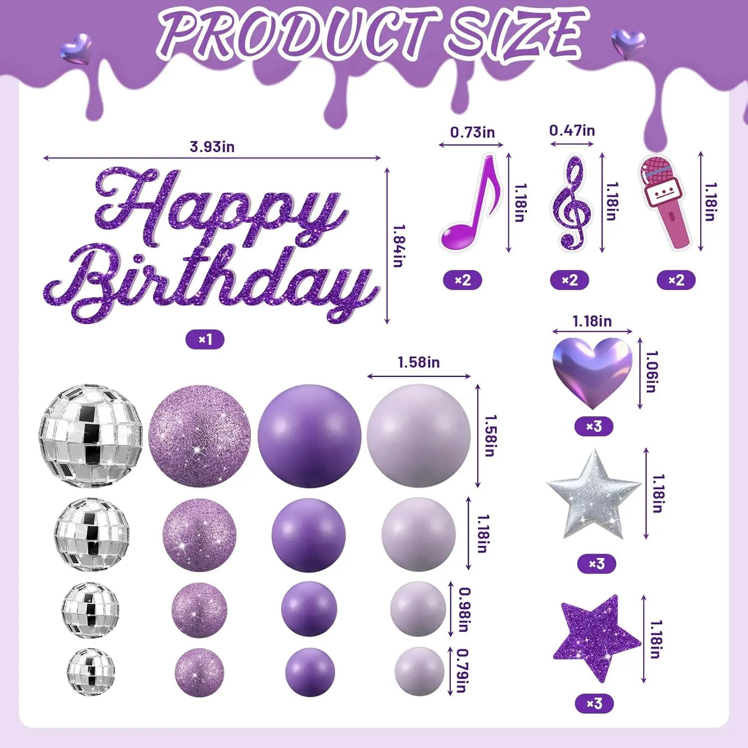 K-Pop Birthday Cake Topper Set: Purple Disco Balls, Glitter Stars & Notes – Perfect for Fan Parties