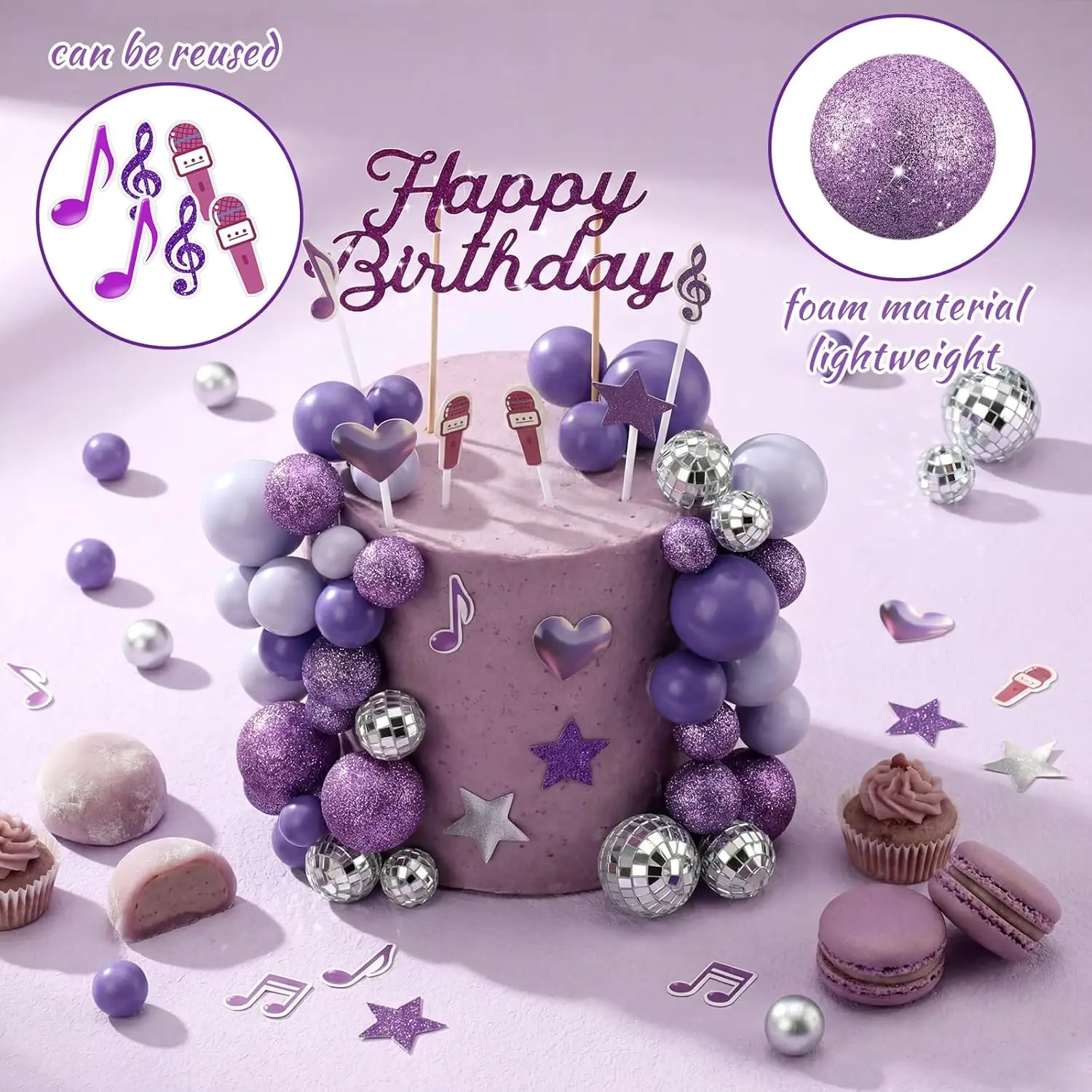 K-Pop Birthday Cake Topper Set: Purple Disco Balls, Glitter Stars & Notes – Perfect for Fan Parties