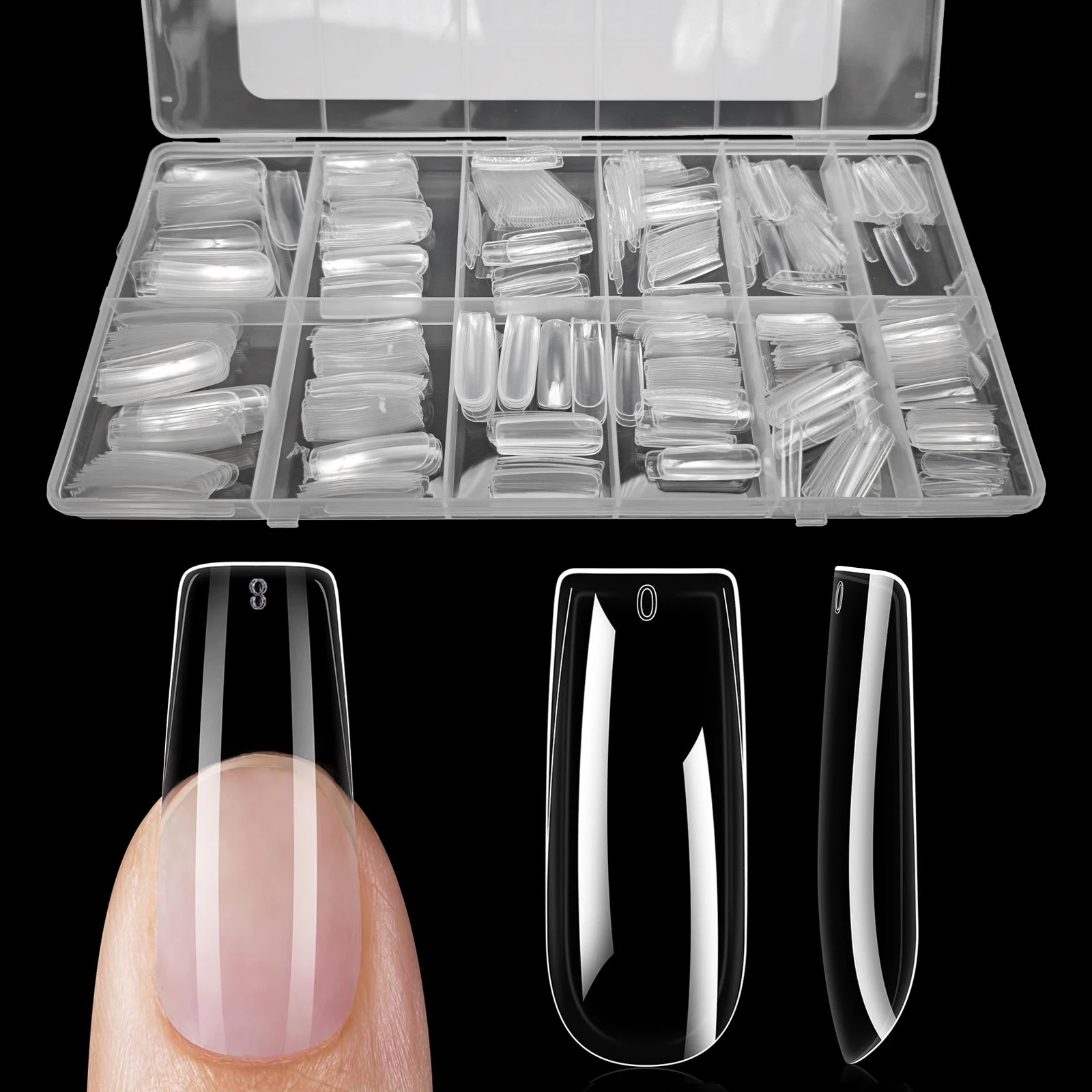 600pcs/box Clear Nail Tips Set, Medium/Long Coffin, Square, Almond, Stiletto, Oval, Round Shape, 10/12 Sizes, Press On Nails, Ma