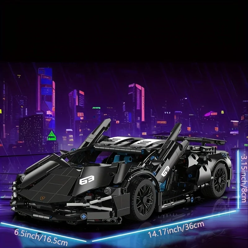 1:14 Black Sports Car Building Blocks Set 1000PCS+, Suitable for 14+, Educational Assembled Model, Home Decoration & Gift