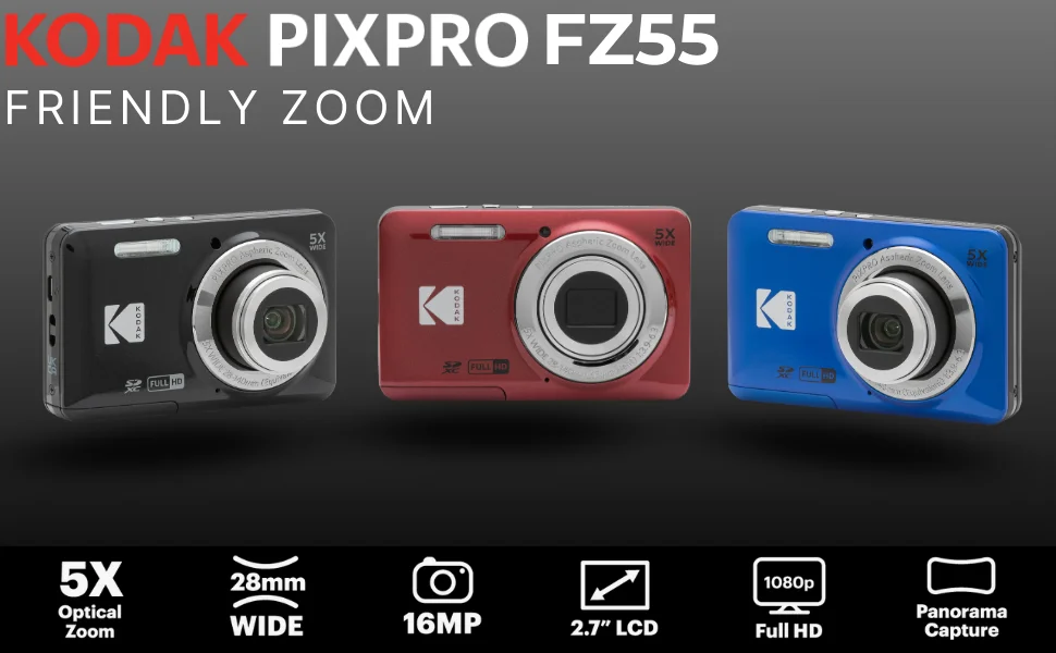 Original KODAK PIXPRO FZ55 Digital Camera 16MP 5X Zoom 1080P Vlogging Compact Point & Shoot with 32GB SD Card Case Gift Kit