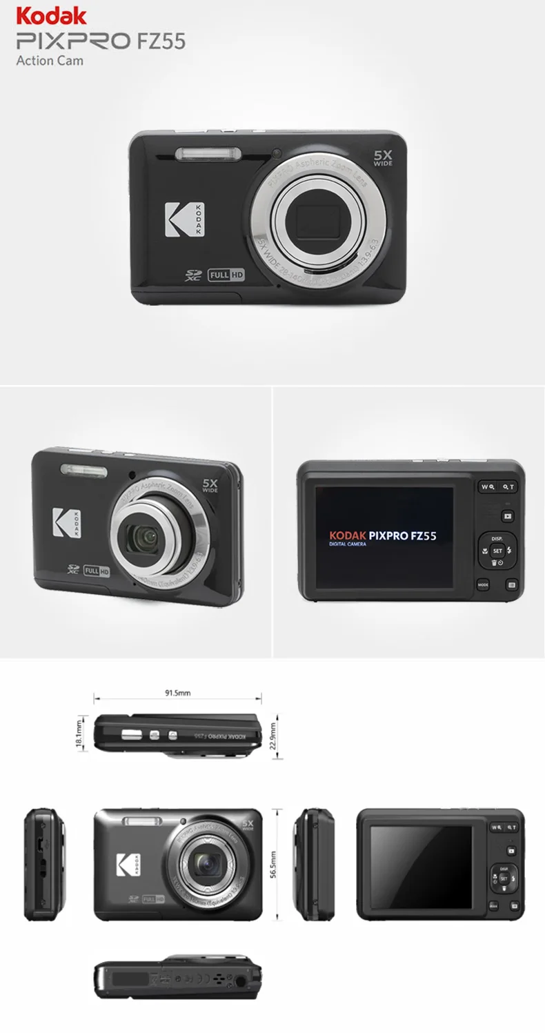 Original KODAK PIXPRO FZ55 Digital Camera 16MP 5X Zoom 1080P Vlogging Compact Point & Shoot with 32GB SD Card Case Gift Kit