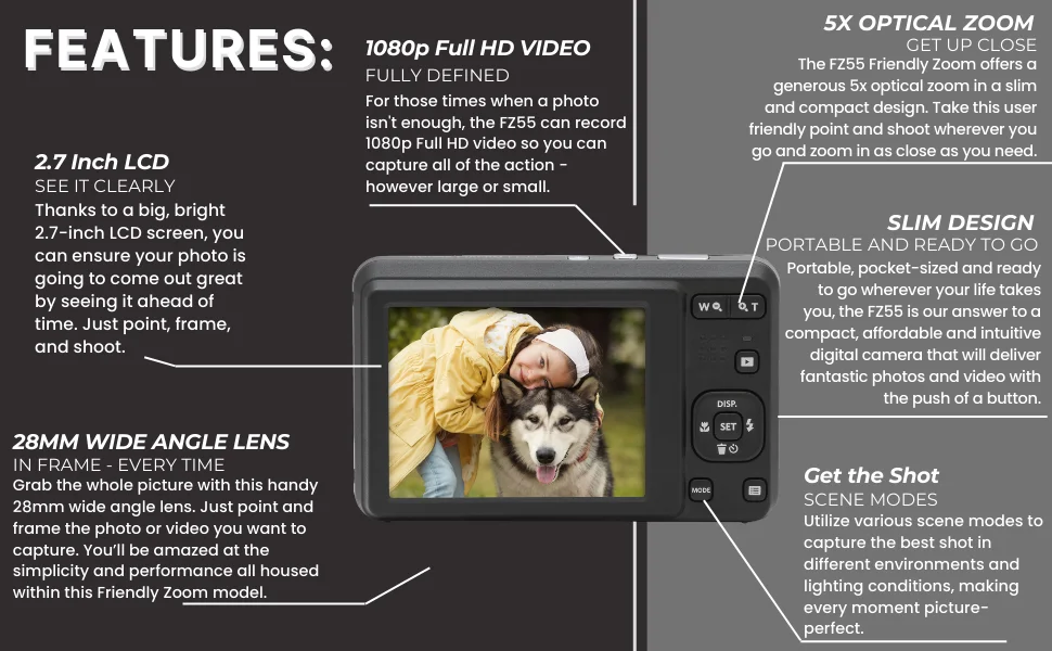 Original KODAK PIXPRO FZ55 Digital Camera 16MP 5X Zoom 1080P Vlogging Compact Point & Shoot with 32GB SD Card Case Gift Kit