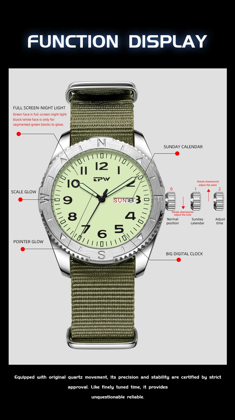 2026 TPW 40mm Field Watch - Easy Reading Fabric Strap Quartz Movement with Luminous Rotating Bezel Date & Day Functions
