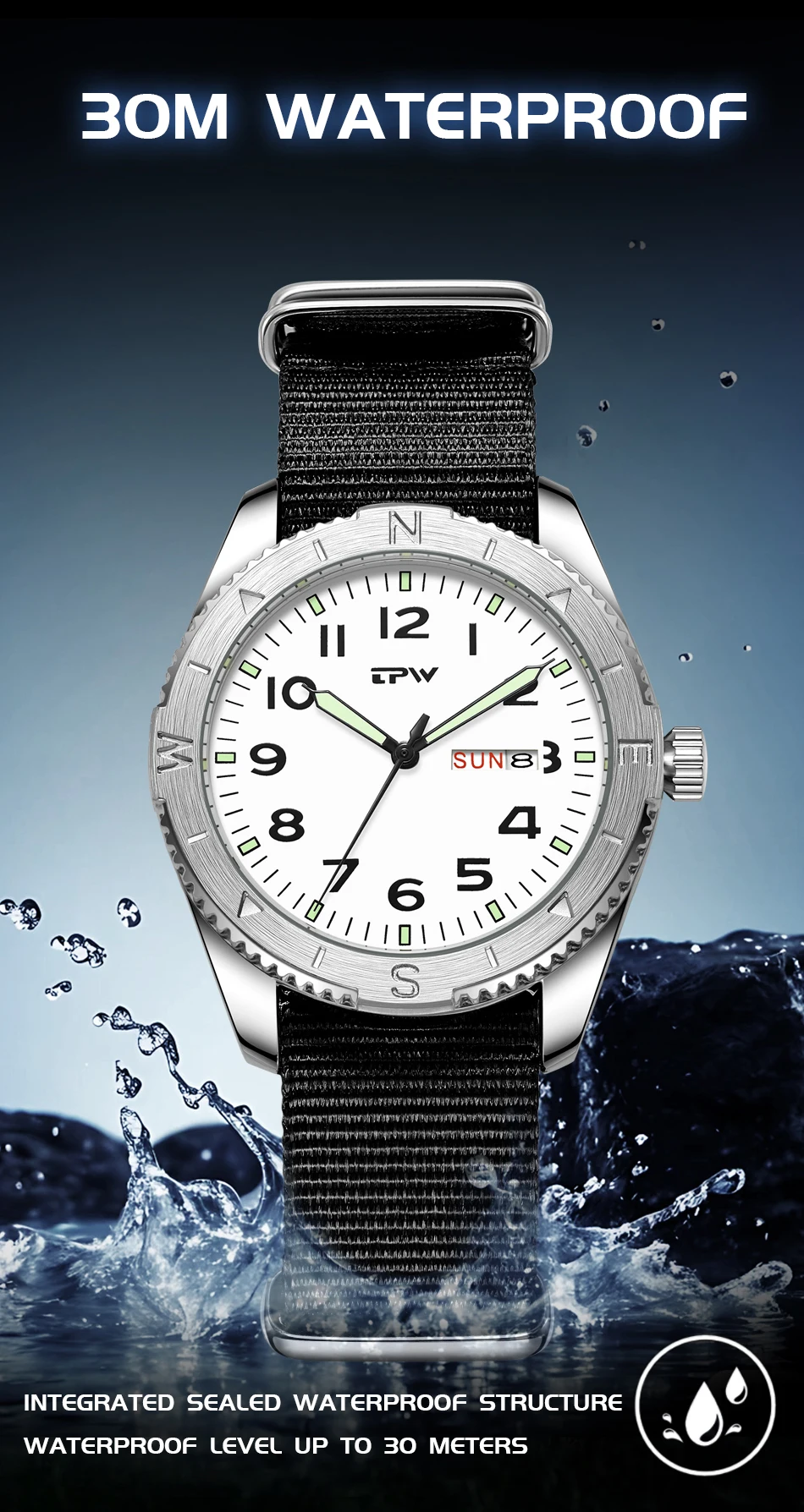 2026 TPW 40mm Field Watch - Easy Reading Fabric Strap Quartz Movement with Luminous Rotating Bezel Date & Day Functions