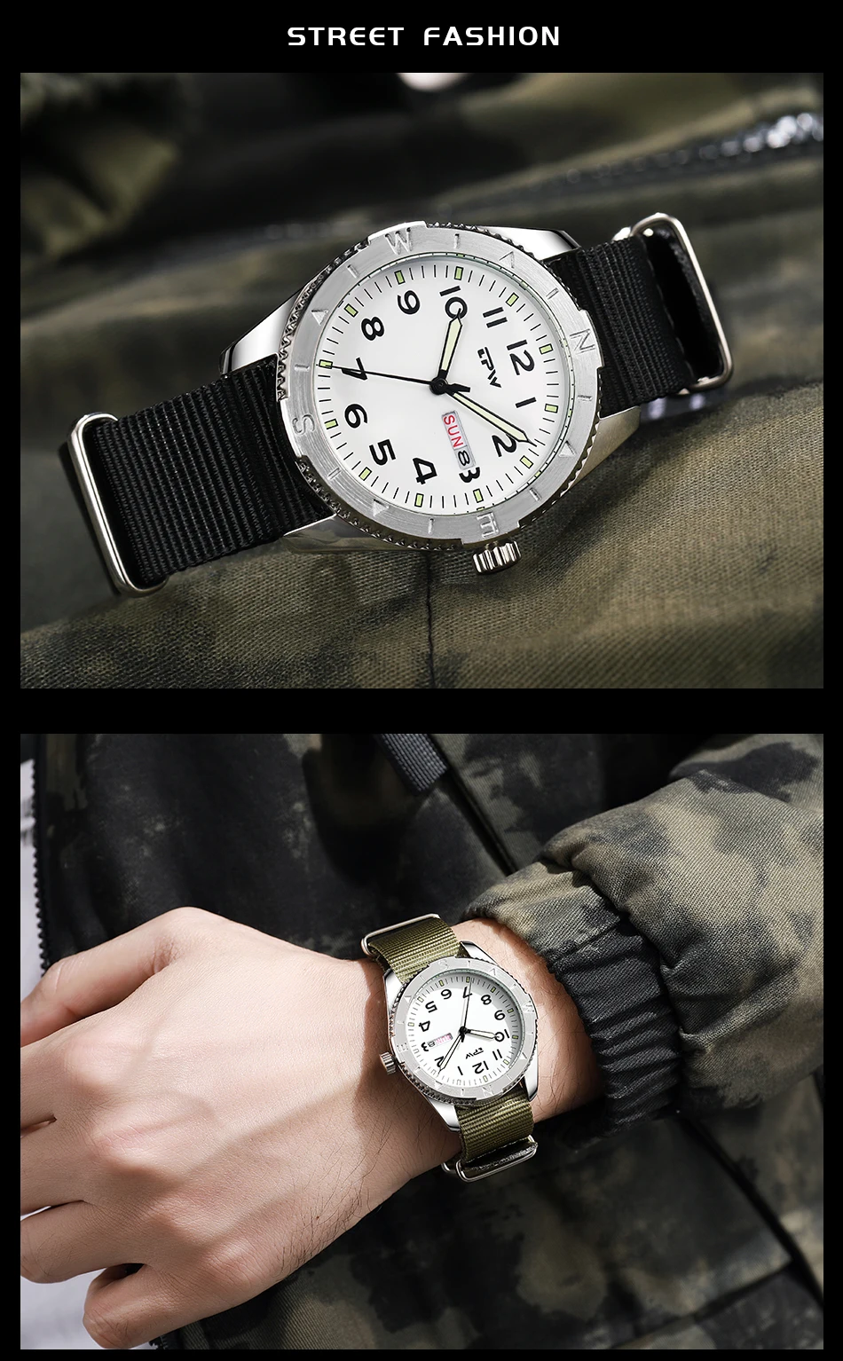 2026 TPW 40mm Field Watch - Easy Reading Fabric Strap Quartz Movement with Luminous Rotating Bezel Date & Day Functions