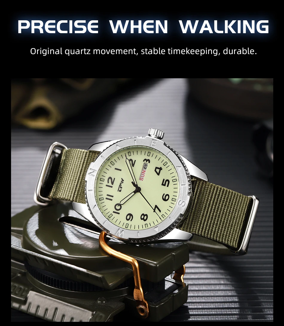 2026 TPW 40mm Field Watch - Easy Reading Fabric Strap Quartz Movement with Luminous Rotating Bezel Date & Day Functions