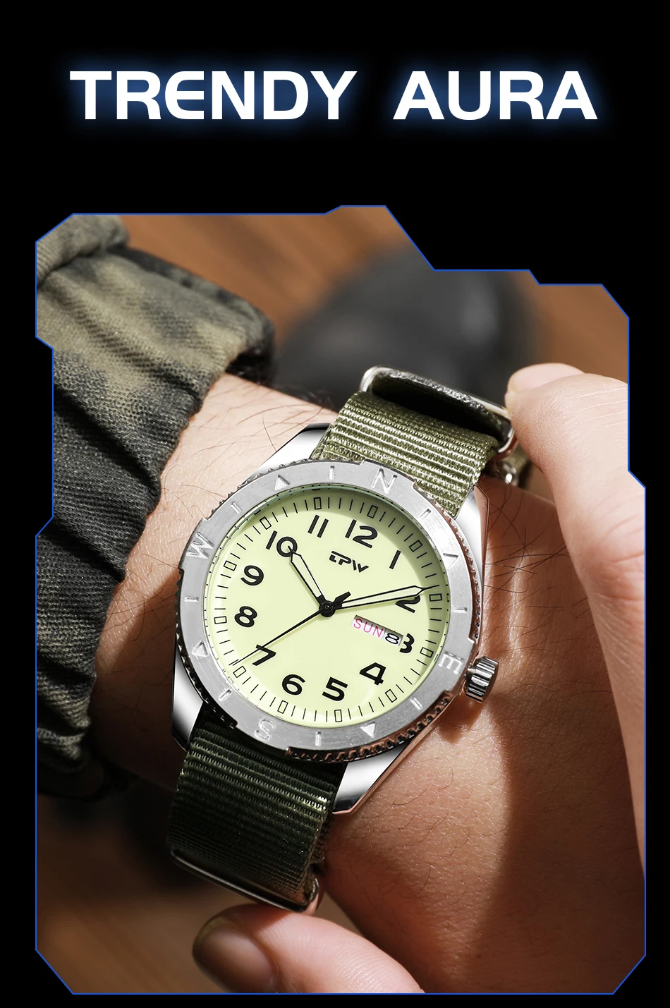 2026 TPW 40mm Field Watch - Easy Reading Fabric Strap Quartz Movement with Luminous Rotating Bezel Date & Day Functions