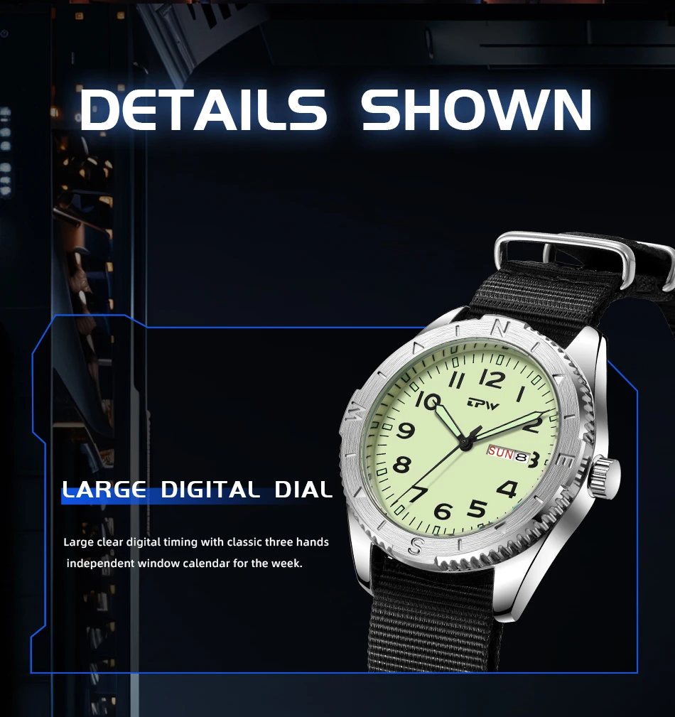 2026 TPW 40mm Field Watch - Easy Reading Fabric Strap Quartz Movement with Luminous Rotating Bezel Date & Day Functions