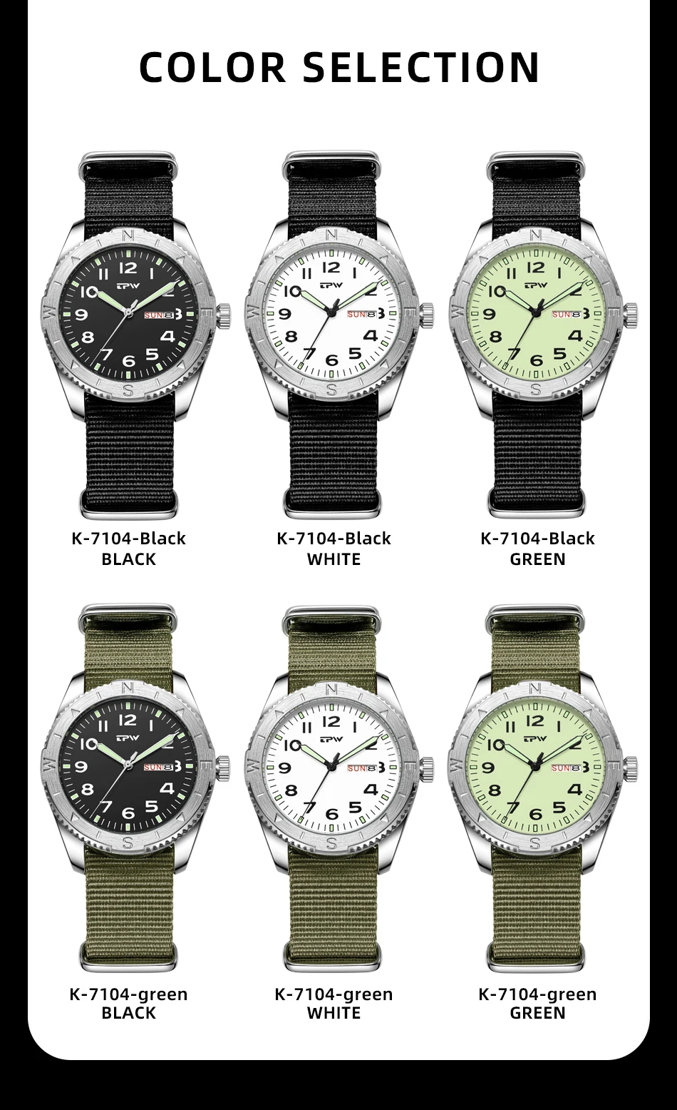 2026 TPW 40mm Field Watch - Easy Reading Fabric Strap Quartz Movement with Luminous Rotating Bezel Date & Day Functions