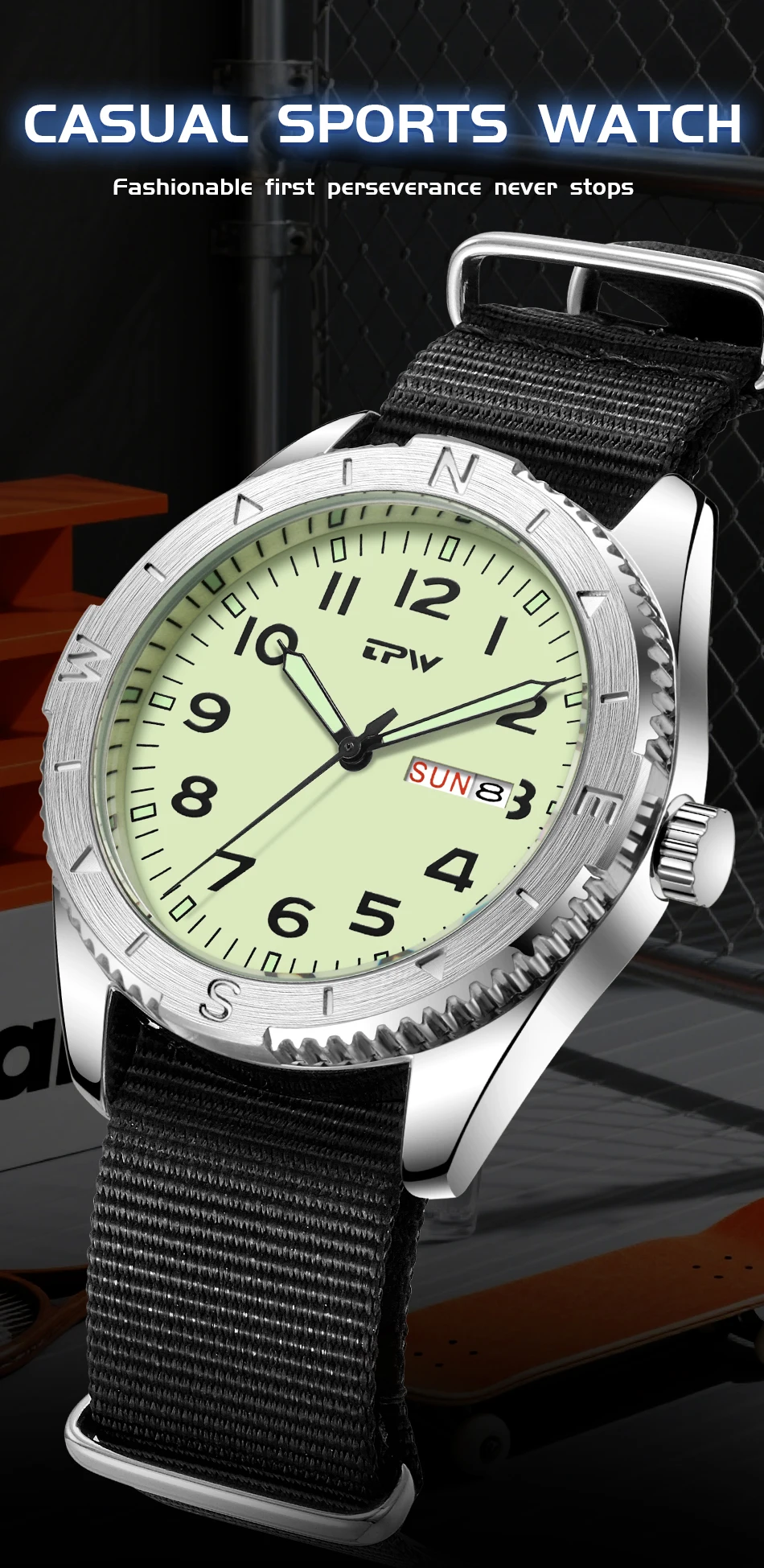 2026 TPW 40mm Field Watch - Easy Reading Fabric Strap Quartz Movement with Luminous Rotating Bezel Date & Day Functions