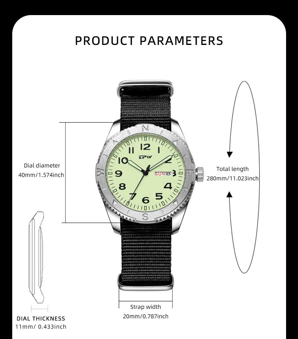 2026 TPW 40mm Field Watch - Easy Reading Fabric Strap Quartz Movement with Luminous Rotating Bezel Date & Day Functions