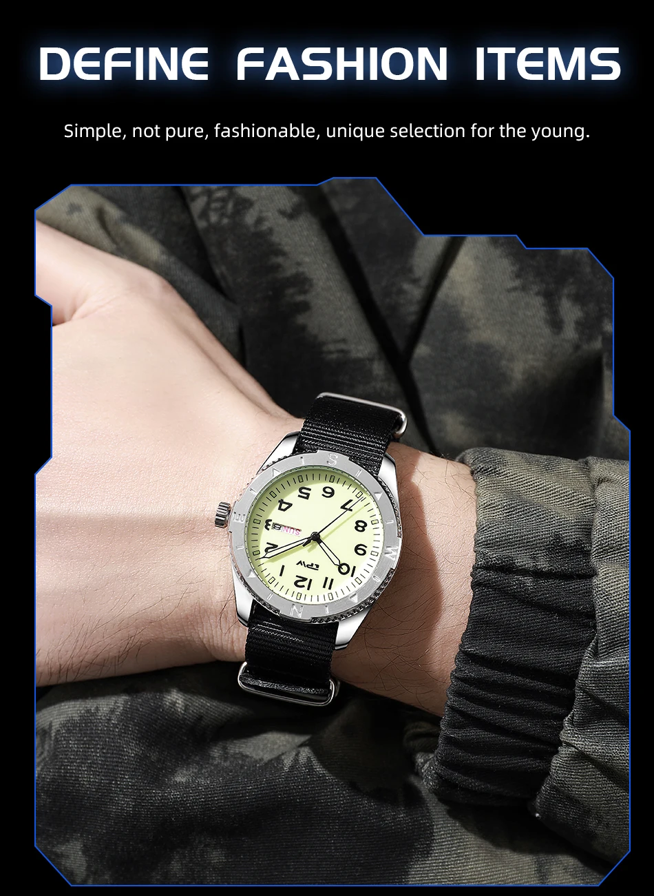 2026 TPW 40mm Field Watch - Easy Reading Fabric Strap Quartz Movement with Luminous Rotating Bezel Date & Day Functions