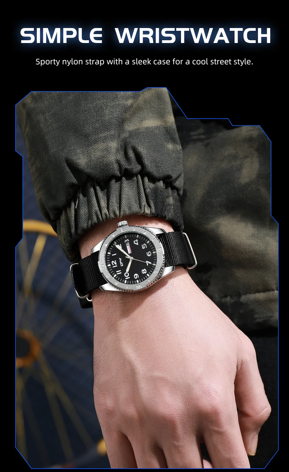 2026 TPW 40mm Field Watch - Easy Reading Fabric Strap Quartz Movement with Luminous Rotating Bezel Date & Day Functions