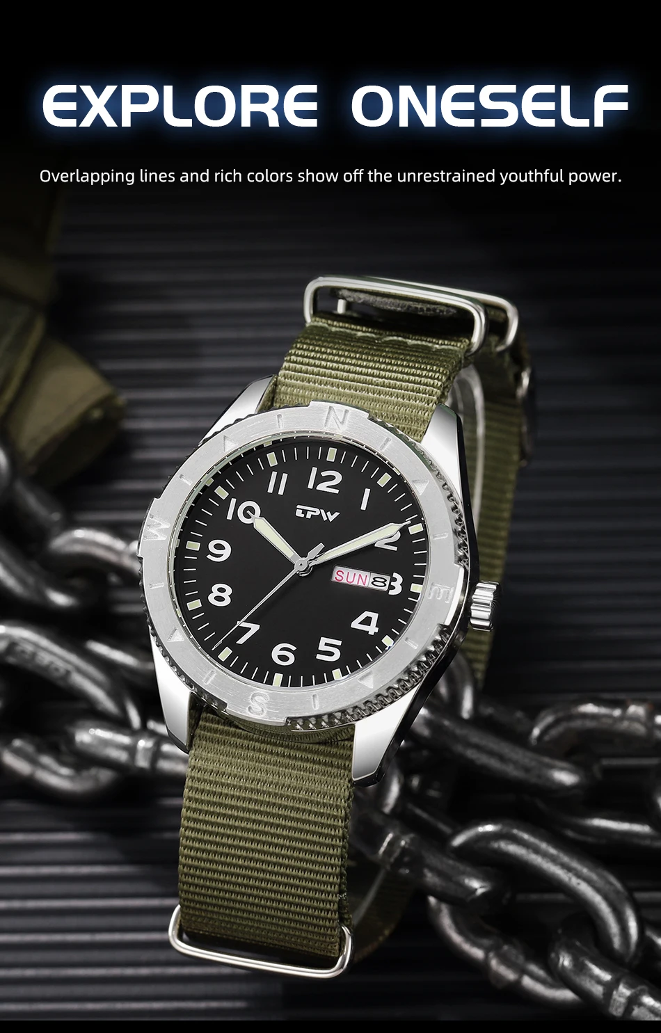2026 TPW 40mm Field Watch - Easy Reading Fabric Strap Quartz Movement with Luminous Rotating Bezel Date & Day Functions